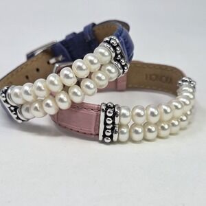 HONORA Set 2 Gen Leather Pearl Sterling Silver 925 Double Row Bracelet Pink Blue